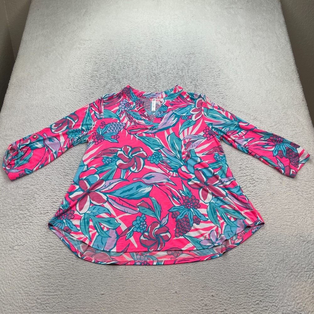 Dear Scarlett Floral Print Tunic Top SZ Large 3/4 Sleeve V-Neck Blouse Boho